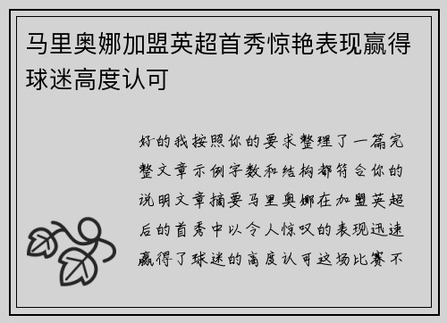 马里奥娜加盟英超首秀惊艳表现赢得球迷高度认可